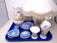 A tray of Wedgwood Jasperware dishes and trinket box, Spode Italian plate,