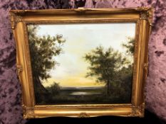 An oil on board depicting a landscape with two figures, signed with initials and dated '22,