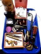 A tray containing miscellanea, cigarettes, cards, stamps, hookah pipe, military buttons,