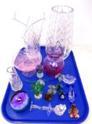 A tray containing assorted glass ware to include Caithness Flower of Scotland paperweight, comport,