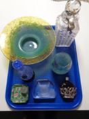 A tray of glass, art glass vase and bowl, glass and metal case perfume bottle,
