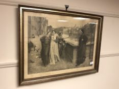 An antique monochrome engraving 'The Meeting of Dante and Beatrice' 60 cm x 42 cm
