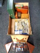A box containing antique and later boxer and box cutlery, jewellery boxes, games,