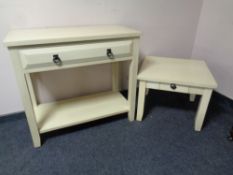 A contemporary cream single drawer hall table and a lamp table