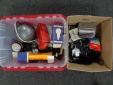 Two boxes of camera equipment, bulbs, slide duplicator,