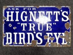A vintage enamel sign 'Ask For Hignett's "True" Bird's Eye', 91 x 55 cm.