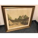 Continental School : A courtyard, hand coloured engraving, indistinctly signed,