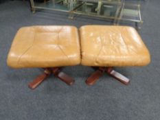 A pair of foot stools upholstered in tan leather.
