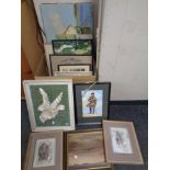 A box containing assorted framed pictures and prints to include a D C Chatfield oil on canvas,