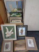 A box containing assorted framed pictures and prints to include a D C Chatfield oil on canvas,