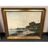 An embroidered picture depicting a beach,