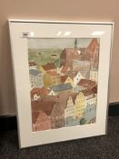 Else Andersen : Arial view of a town, watercolour, signed,