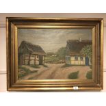 Continental school : rural farmyard with chickens, oil on canvas, indistinctly signed, dated 1930 ,