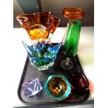 A tray of 20th century studio glass, vases,