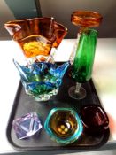 A tray of 20th century studio glass, vases,