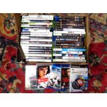 A box of Xbox and Xbox 360, PS 2 3 and 4 games, Blu rays including The Hobbit,