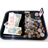 A tray containing pre decimal coins, English and American bank notes,