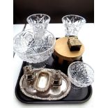 A tray of silver plated salt and pepper sifters, lead crystal bowls and vases,
