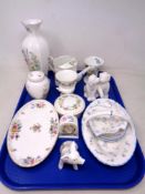 A tray containing assorted ceramics to include Coalport Moments figure 'Puppy Love', Aynsley,