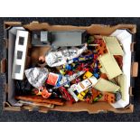 A box of die cast vehicles, Action Man figure,