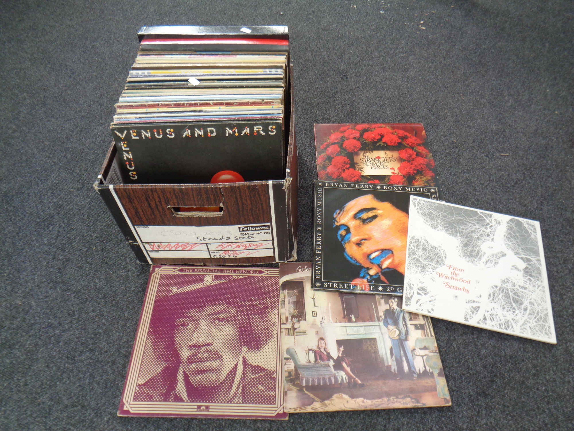 A box of vinyl records, 10 CC, Brian Ferry, Compilations,