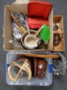 A box and crate containing wooden bowls, kitchenalia, Le Creuset cooking ware,