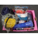 A box of assorted rope, elastic strapping, yellow stone air bed,