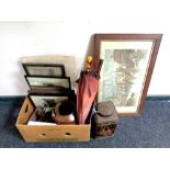 A box of parasol, stoneware jar, pictures and prints,