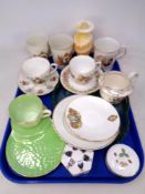 A tray of commemorative beakers, tea cups and saucers, Maling tea cup and plates,