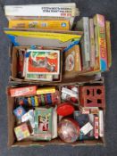 Two boxes of vintage toys, Xylophone, jigsaws, dominoes,