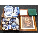 Two boxes of Ringtons blue and white ceramics, caddies, collector's plates,