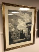 A 19th century continental monochrome engraving depicting a town square, indistinctly signed 37/50,