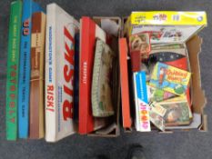Two boxes of vintage board games, jigsaws,