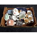 A box of collector's teapots, Ringtons blue and white plate,