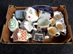 A box of collector's teapots, Ringtons blue and white plate,