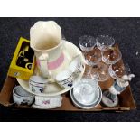 A box of 19th century wash jug and basin, assorted glassware, ramekins, oven dishes,