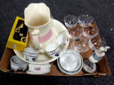 A box of 19th century wash jug and basin, assorted glassware, ramekins, oven dishes,