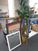 A plant in brass embossed coal bucket together with a dressing table mirror and two framed pictures