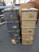 Two antique wooden bound shipping trunks,