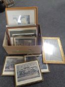 A box of pictures and prints, gilt framed mirror,
