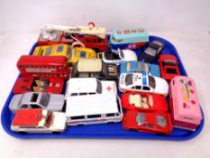 A tray of play worn die cast vehicles including Corgi,