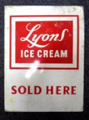A vintage tin twin-sided sign, 'Lyons Ice Cream Sold Here', 61 x 45.5 cm.