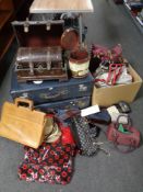 Two luggage cases together with two dome topped trunks and two boxes of hats, hand bags,