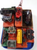 A tray of vintage Hornby tin plated rolling stock, 82011 and 50153 engines, no.