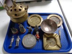 A tray of metal wares, brass lidded burner, Eastern trays, ashtrays, coasters,