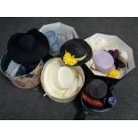 Five assorted hat boxes, lady's formal hats,