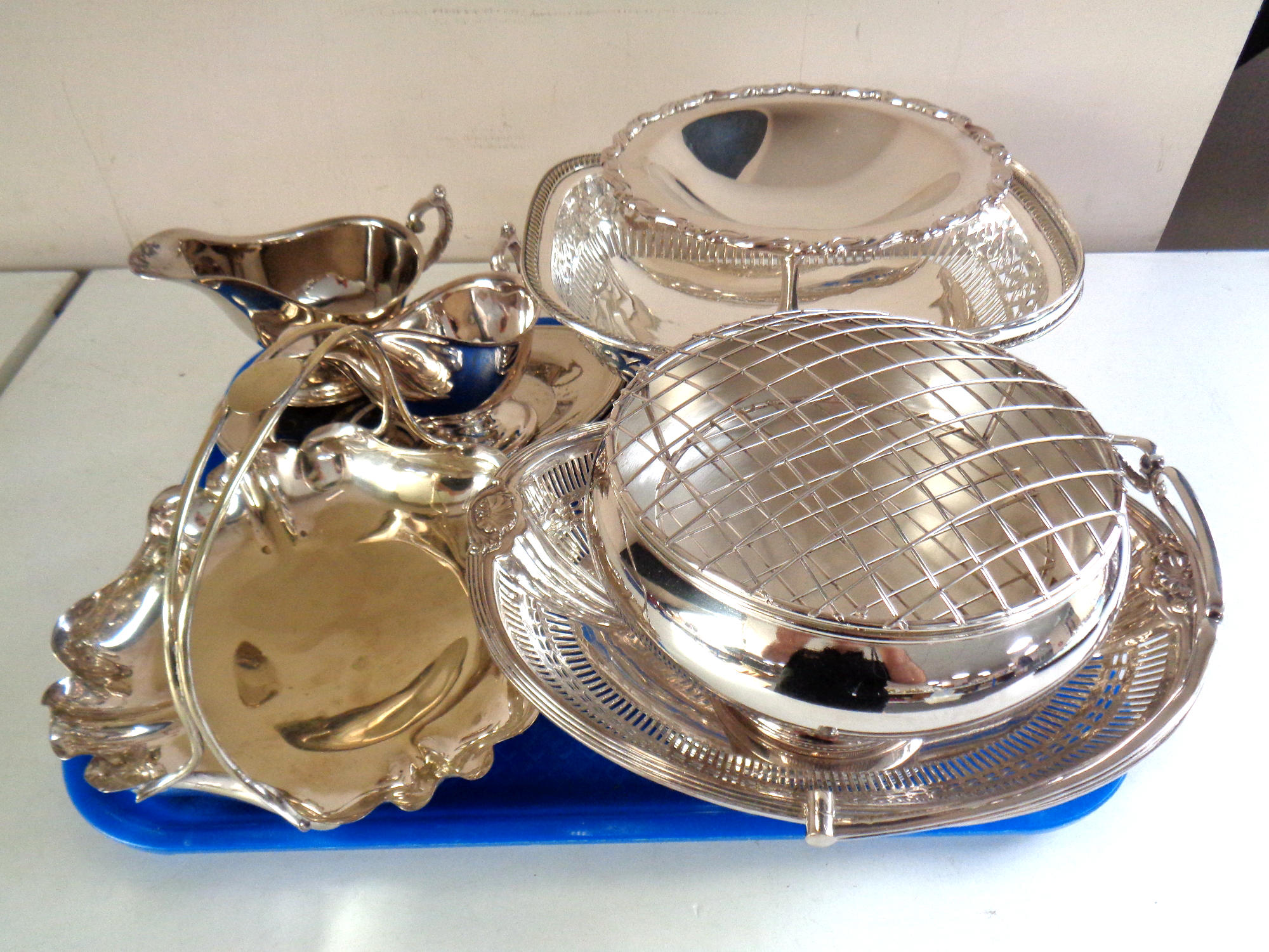 A tray of stainless steel wares, rose bowl, sauce boats,