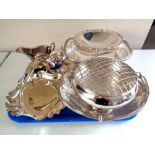 A tray of stainless steel wares, rose bowl, sauce boats,
