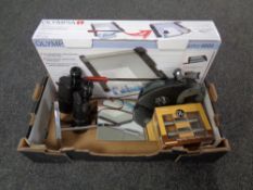 A box of Olympia paper trimmer, boxed, pair of Russian 7 x 50 field glasses, shaving mirror,