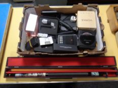 A box of Toshiba compact disc player, Sharp calculator, USB hub and sticks, assorted glasses,